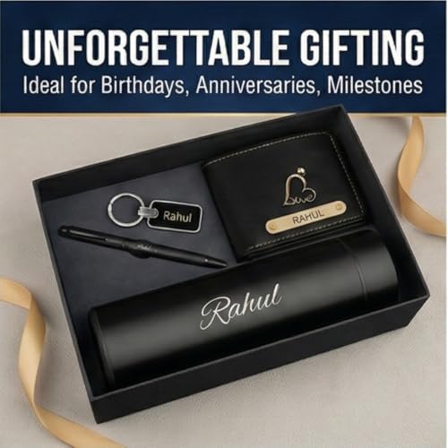 Image of NCGIFTS Personalized Gift Hamper for Men - Custom Engraved Wallet, Metal Pen, Water Bottle & Keychain Set | Premium 4-in-1 Combo for Birthday, Anniversary & Corporate Gifting