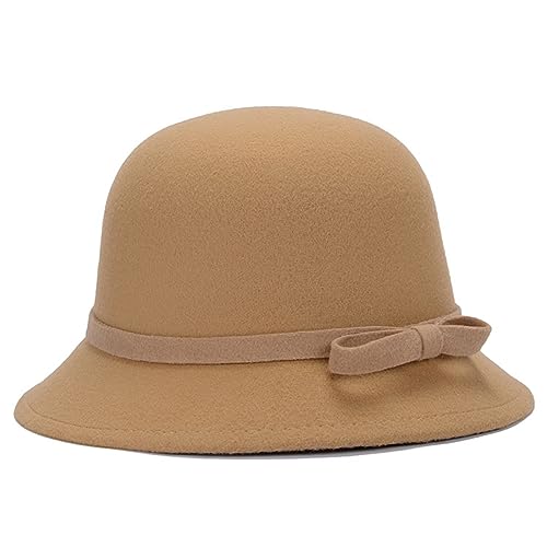 CynKen Women Polyester 1920S Vintage Cloche Bucket Hat Fall Winter Straight Bowknot Cap Beige