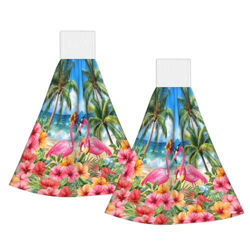 Giwawa Summer Flamingos Kitchen Hanging Towel 2Pcs Tropical Beach Hand Tie Towels with Loop Hook Soft Washcloth Bathroom Laundry Room Decoration