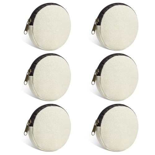 Sinzip 6 Pieces Mini Round Cotton Canvas Makeup Bag with Bottom, Multi-Purpose Zipper Coin Purse Pouch Cosmetic Bag Travel Toiletry Pouch, Blank DIY Craft Bag (Beige, XS)