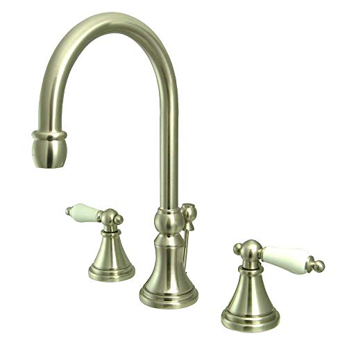 Kingston Brass KS2988PL Governor Widespread Lavatory Faucet with Brass Pop-Up and Porcelain Lever Handle, Brushed Nickel