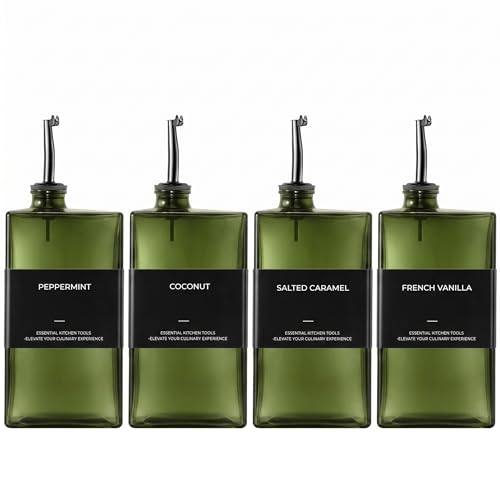 WISIMMALL Olive Oil Dispenser Bottle For Kitchen, 17OZ UV-Blocking Oil And Vinegar Dispenser Set Of 4, Soy Sauce Cooking Oil Dispenser with 4 Stainless Steel Pourers & 44 Labels
