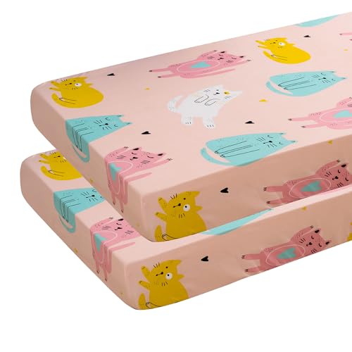 Image of Cute Cats Printed Crib Sheet for Boys Girls,2 Pack Crib Mattress Sheet or Toddler Bed Sheet, Baby Fitted Crib Sheet (Pink Cats)