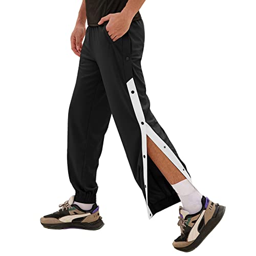 Men's Tear Away Basketball Track Pants High Split Side Snap Cinch Bottoms Loose Sweatpants Casual Athletic Workout Trouser (US, Alpha, Large, Regular, Regular, Black)