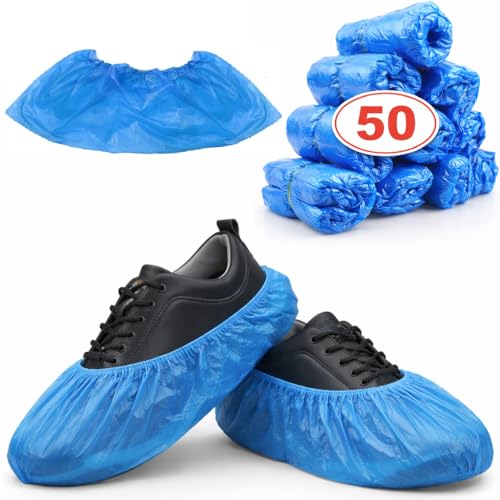 VEZODEK 50 Stück 1g Blau Schuhüberzieher Einweg Antirutsch Überschuhe 38x12cm LDPE Schuh Überzieher Regenüberzieher Regen Schuhschoner Fahrradüberschuhe Wasserdicht Shoe Cover Overshoes(50, 38x12cm)