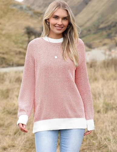 Image of Zeagoo Women 2026 Fall Lightweight Oversized Sweater Crew Neck Long Sleeve Color Block Pullover Rib Knit Blouse Tops XS-2XL
