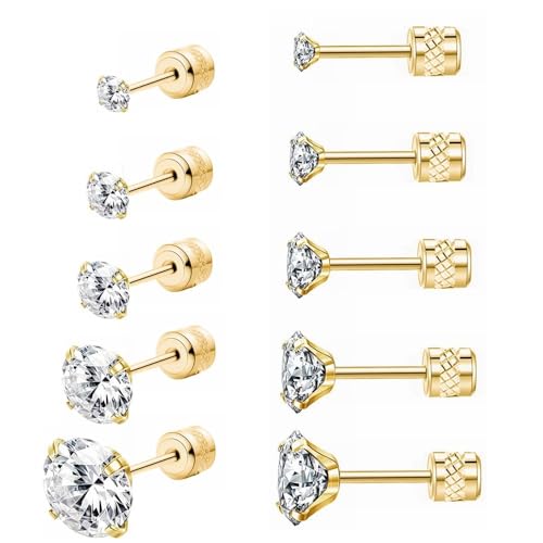 Langthering Threadless Flat Back Stud Earrings, 5 Pairs Tita...