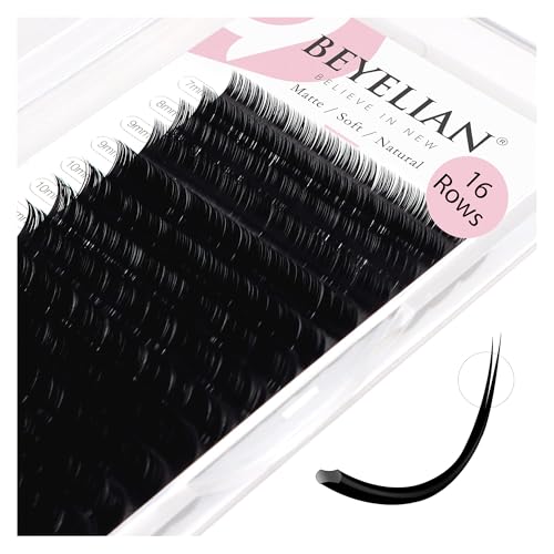 BEYELIAN Flat Eyelash Extension, Ellipse Lash Extensions 0.15 C Curl 7-15mm 16 Rows Matte Black Eyelash Extension Supplies Classic Lash Extensions Individual Eyelashes Salon Use