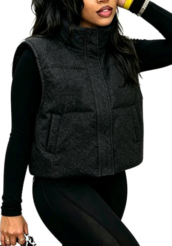 Vaceky Women's Denim Puffer Vest Cropped Hooded Zip Up Sleeveless
