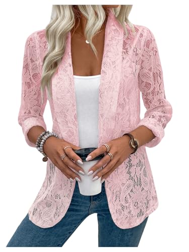 WDIRARA Women's Lace Open Front Long Sleeve Sheer Elegant Casual Blazer Jacket