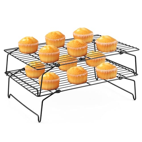 Leonyo Cooling Rack, 2 Tier Stainless Steel Stackable Baking Cooking Racks for Cooling Roasting Grilling, Collapsible & Heavy Duty, Oven Safe & Easy Clean, 15" x 10", Black