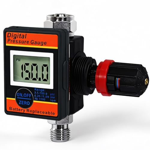 LE LEMATEC Digital Air Pressure Regulator with Locking Valve for Air Slip Prevention, 1/4 NPT Inline Airflow Regulator Up to 160 PSI for Air Compressor, HVLP Spray Paint Gun & Pneumatic Tools (DAR03B)