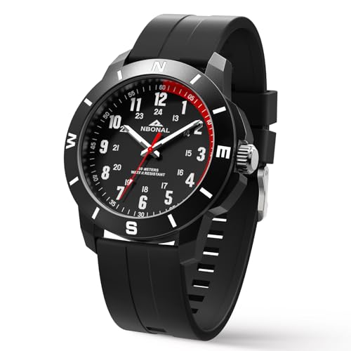NBONAL Sport Field Watch for Men Black Tactical Watch 50M Waterproof 24 Hour Military Luminous Dial Casual Quartz Wristwatch (NB-232-1) Black Band
