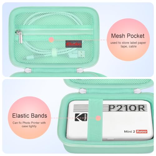 Image of Elonbo Carrying Case for KODAK Mini 2 Retro 2x3 Portable Photo Printer | Bluetooth Smartphone Instant Color Printer Hard Travel Protective Bag, Mesh Pocket fits Cartridge Photo Paper Sheets, Green