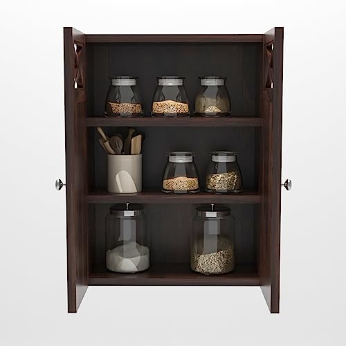 Image of Sheesham Wood Kitchen Cabinet for Home | Wall Mounted Kitchen Rack with Storage | Wooden Organizer with 2 Door Cabinet Storage Walnut Finish