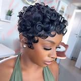 Tgezer Short Pixie Wigs for Black Women Short Curly Wigs for Black Women Synthetic Hair Replacement Wigs with Bangs Daily Use Glueless Full Machine Made Wig