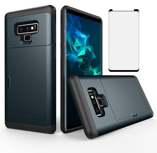 Image of Asuwish Phone Case for Samsung Galaxy Note 9 with Tempered Glass Screen Protector Cover and Accessories Card Holder Slot Rubber Hybrid Silicone Slim Protective Cell Note9 Not S9 Women Men Navy Blue