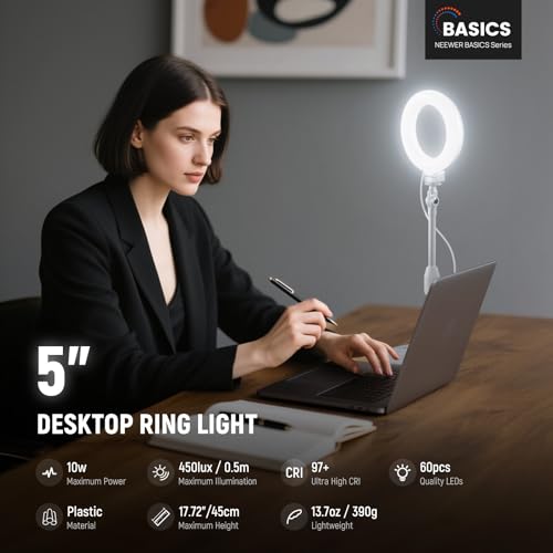 Image of NEEWER BASICS 5 inch /13cm Desk Ring Light with Stand, 10W LED Selfie Light with Phone Holder Base Compatible with iPhone for Video Recording Laptop Webcam Zoom Video Conference Lighting Makeup, White BR60