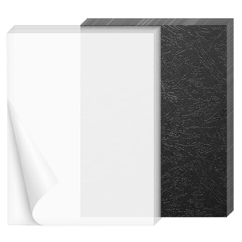 100 Pack Binding Covers Set, 8.5x11 Inches, Including 50 Pcs 5 Mil Clear PVC Binding Covers, 50 Pcs 12 Mil Black Paper Leather Textured