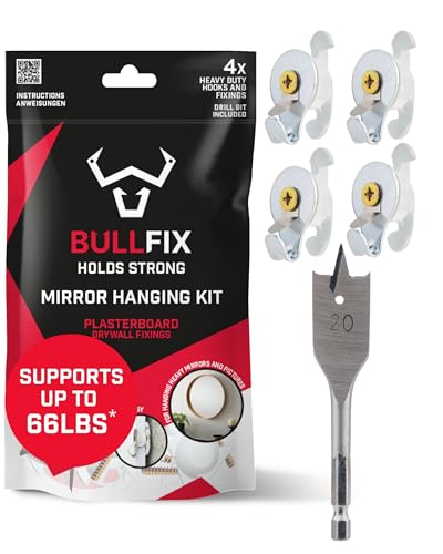 Bullfix Mirror/Picture Hanging Kit - Heavy Duty Drywall Anchors for Pictures, Mirrors and Canvases - 4 Universal Fixings with Collars, Picture Hangers for Drywall & 13/16” Drillbit, Mirror Hanging Kit