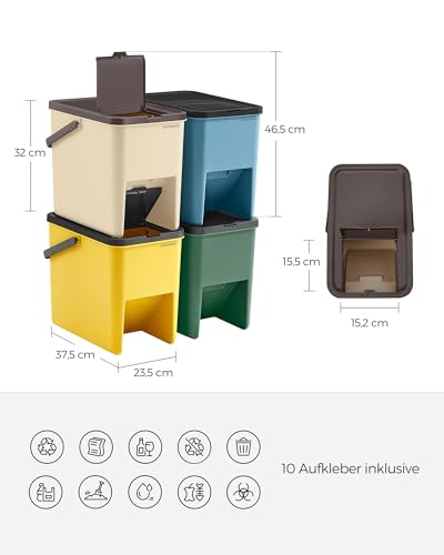 SONGMICS Mülleimer Küche, 4er Set Abfalleimer, Mülleimer stapelbar, je 20 L, Mülltrennsystem, Klappdeckel, mit Aufklebern, Aufbewahrungsbox, gelb, blau, beige und grün LTB760Q01