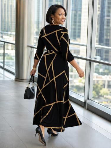 Image of PinkPatty Plus Size Maxi Dresses for Women Casual Flowy Long Dress 3 /4 Sleeve V Neck Wrap Dress with Belt