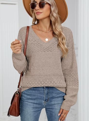 FEKOAFE Womens Sweaters 2025 Fall V Neck Long Sleeve Hollow Knit Pullover Sweaters for Women2