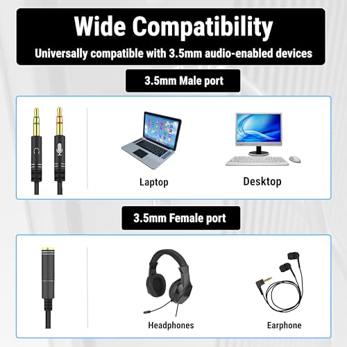 Image of 3.5mm Audio Mic Splitter Cable | Headphone & Microphone Combo Jack Adapter | Dual 3.5mm TRS Male to TRRS Female Y Splitter | Gold-Plated Connectors for PC, Laptop, Gaming, Smartphone