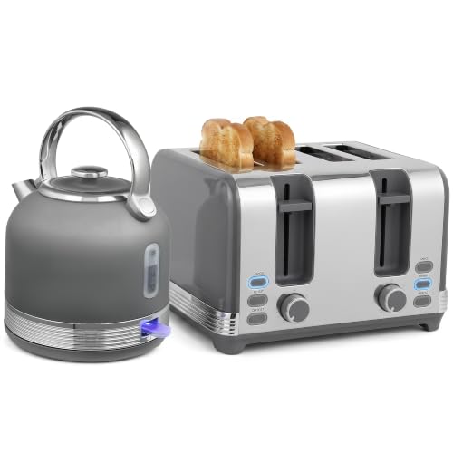 Image of HOMCOM Stainless Steel Kettle and Toaster Set, 1.7L 3000W Cordless Fast Boil Kettle, 4 Slice Toaster Kitchen Set with 7 Level Browning Controls, Defrost, Reheat and Crumb Tray, Grey