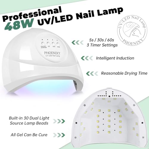 Phoenixy 40PCS Kit Uñas Semipermanentes con 48 W Lámpara U V/LED 36 Colores Uñas Semipermanentes Kit Completo con Base Top Coat Brillante Mate y Glitter - imagen 3