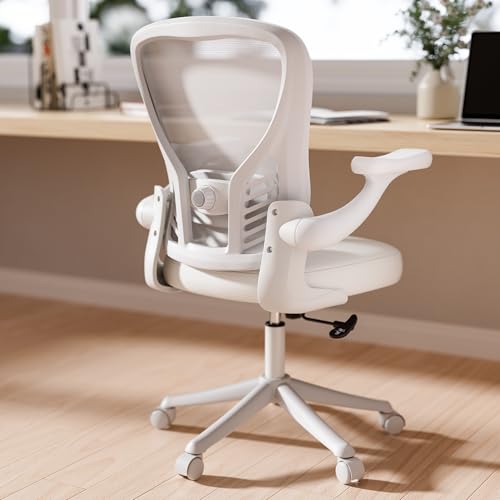 GYI Ergonomic Office Chair, Mesh Desk Chair with Adjustable Lumbar Support and 3D Flip-up Arms, Computer Chair with Wheels, All White