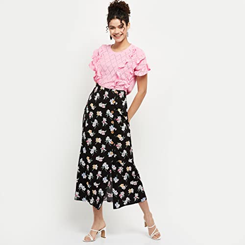 Image of Max Women Schiffli Detail Round Neck Ruffled Regular Fit Top