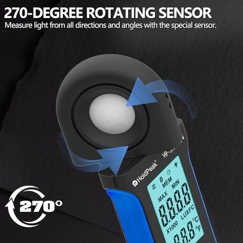 HoldPeak Illuminance Light Meter with Bluetooth, Digital Lux Foot Candles Meter 0.1~400,000 Lux with 270º Rotating Sensor, Lumen Meter Luxmeter for Plants, Car Headlights, Home & Office LEDs - Thumbnail 3