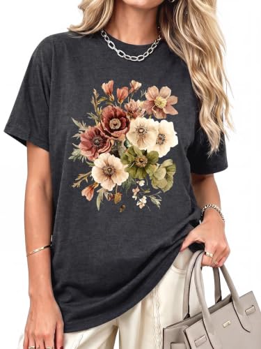 Oversized Tshirts for Women Fall Loose Fit Vintage Graphic Tees Dark Gray | Graphic tees for women,crewneck short sleeve tops,loose fit hides flaws,vintage print,durable stitching,daily outfits