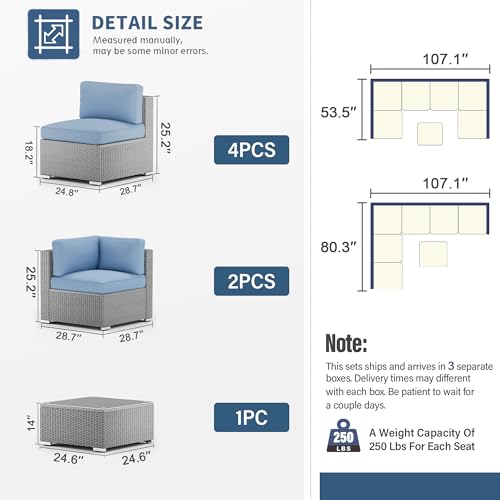 Patiomore Outdoor Patio Furniture Set 7 Piece Outdoor Sectional Sofa Grey Wicker Conversation Sofa Set with Coffee Table and Cushions (Sky Blue) - Thumbnail 6