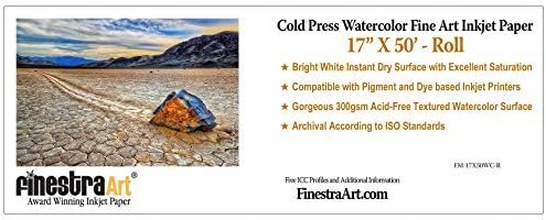 17" X 50' Cold Press Watercolor Fine Art Inkjet Paper - Roll 3 INCH CORE