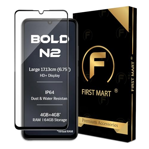 Image of FIRST MART Tempered Glass for Lava Bold N2, 9H Full-Glue Screen Protector, 3D Edge-to-Edge, HD Clear, Oleophobic, Case-Friendly, Black, Pack of 1
