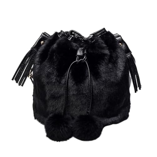 Paquet à bandoulière duveteux noir en polyester pour femme grand modèle seau
