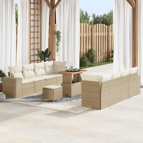 Mimdixy Juego de muebles de jardín con cojín con almacenamiento, 11 piezas beige y crema, muebles de salón para balcón y terraza, se puede instalar rápidamente