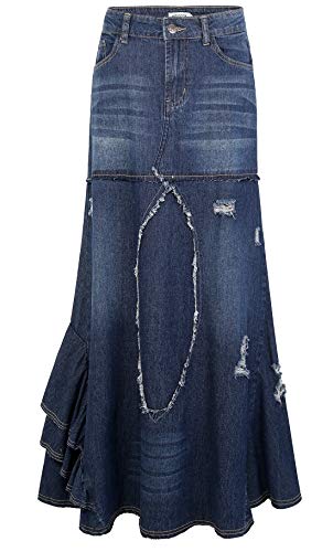 CHARTOU Women's Distressed Packaged Hip Irregular Ruffle Tiered Maxi Long Denim Skirt (30, Dark Blue)