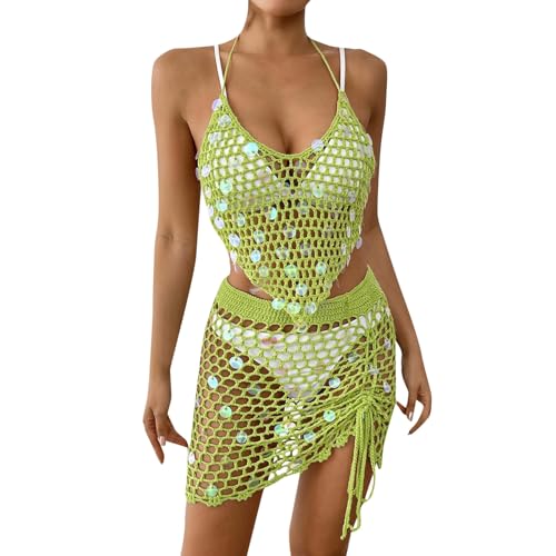 Conjunto Mujer Bikini Dos Piezas Pareo Playa Vacaciones Cubierta Elegante Transparente (Green, One Size)
