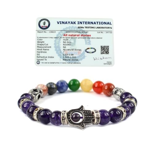 Image of Reiki Crystal Products Certified Natural Crystal Stone 7 Chakra with Hamsa 8 mm Round Beads Bracelet for Men & Women | Reiki Charged Gemstone Bracelet | Multiple Stone Variants Available