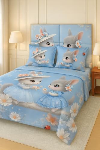 Image of King Size 7D Digital Print Bedsheet - 350 TC Cotton, Kids Friendly Design, Soft & Breathable 180 GSM Fabric, Machine Washable, Gift-Ready Packaging. (108x108 Inches). (Bunny)
