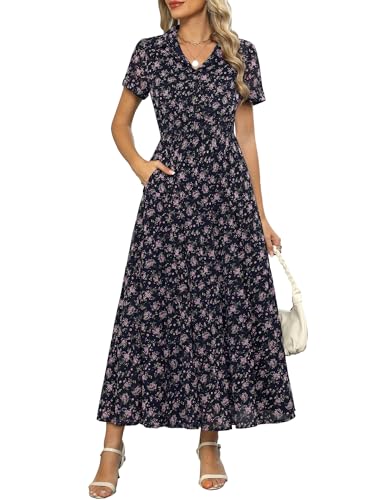 Image of Kranda Women 2026 Summer Collared V Neck Short Sleeve Button Down Chiffon Long Tiered Floral Maxi Dress with Pockets