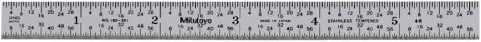 Mitutoyo 182-201, Steel Rule, 6 (4R), (1/8, 1/16, 1/32, 1/64), 1/64 Thick X 1/2 Wide, Satin Chrome Finish Tempered Stainless Steel | Tempered stainless steel, +/-0.006" (+/-0.15 mm), clear graduations on satin-chrome finish, easy to read graduations