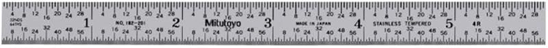 Mitutoyo 182-201, Steel Rule, 6 (4R), (1/8, 1/16, 1/32, 1/64), 1/64 Thick X 1/2 Wide, Satin Chrome Finish Tempered Stainless Steel | Tempered stainless steel, +/-0.006" (+/-0.15 mm), clear graduations on satin-chrome finish, easy to read graduations