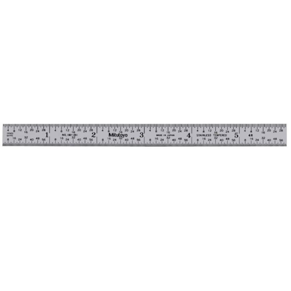 Mitutoyo 182-201 Steel Rule, 6" 4R Graduations (1/8, 1/16, 1/32, 1/64), 1/64" Thick x 1/2" Wide, Tempered Stainless Steel with Satin Chrome Finish and Clear, Easy-to-Read Markings