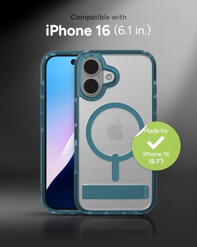 Image of ZAGG Santa Cruz Snap with Kickstand Case for iPhone 16 - MagSafe Compatible, 13ft Military-Grade Drop Protection, Reinforced with Graphene, Slim Clear Case with Vibrant Color Accents, Retro Blue