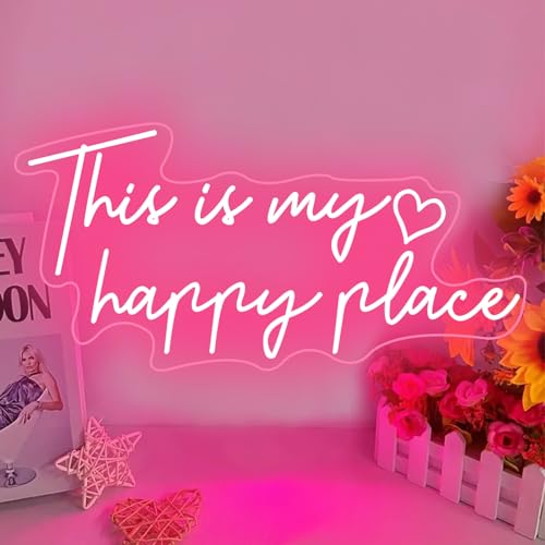 DAKABUKA Letrero de neón LED rosa con texto en inglés 'This is My Happy Place', decoración estética de habitación para adolescentes, letreros de luz de neón para dormitorio, salón, dormitorio