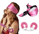 BDSM Kit Sexy Plush Toy Handcuffs with Keys and Satin Bandage Blindfold Eye Mask Bedroom or Party Supplies for Lover Couple and Newcomer to SM Games(Pink)